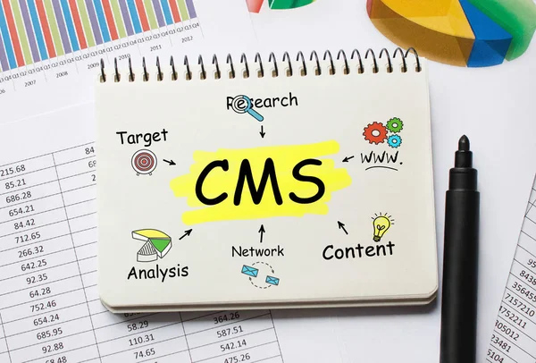 Caderno com Toolls e Notas sobre CMS, conceito — Fotografia de Stock