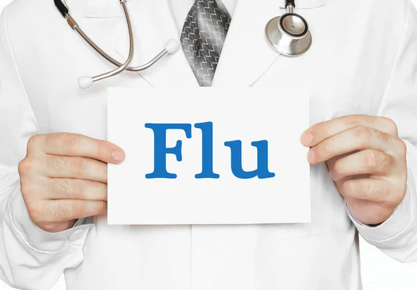 Lekarz posiadający kartę z grypa, medyczną koncepcję — Zdjęcie stockowe