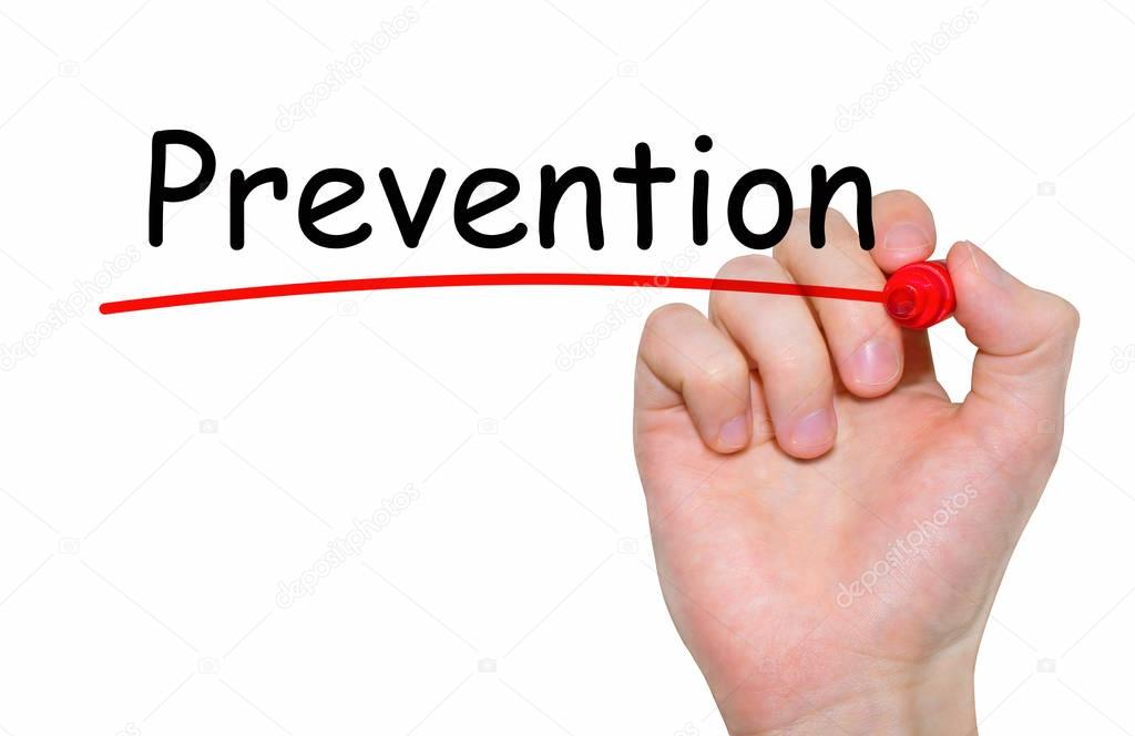 Hand writing Prevention with red marker on transparent wipe board