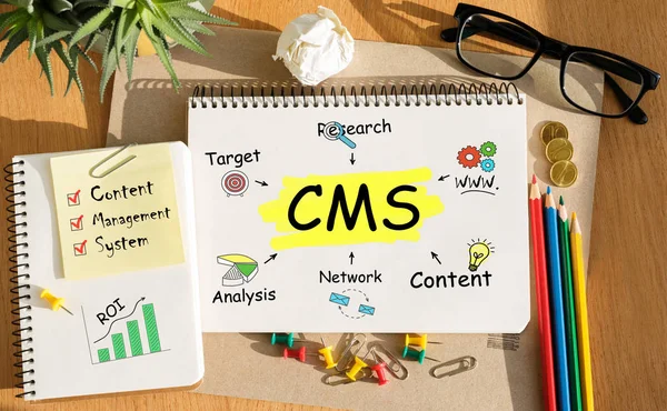 Notebook with Toolls and Notes about CMS,concept — Stock Photo, Image