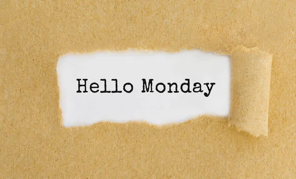 Text Hello Monday Appearing Ripped Brown Paper — Stock Photo, Image