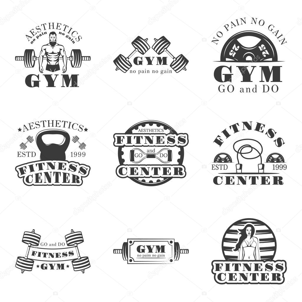 Fitness and bodybuilding set of vector vintage emblems, labels, badges and logos in monochrome style on white background. Fitness center, gym, fitness gym, aesthetics design elements