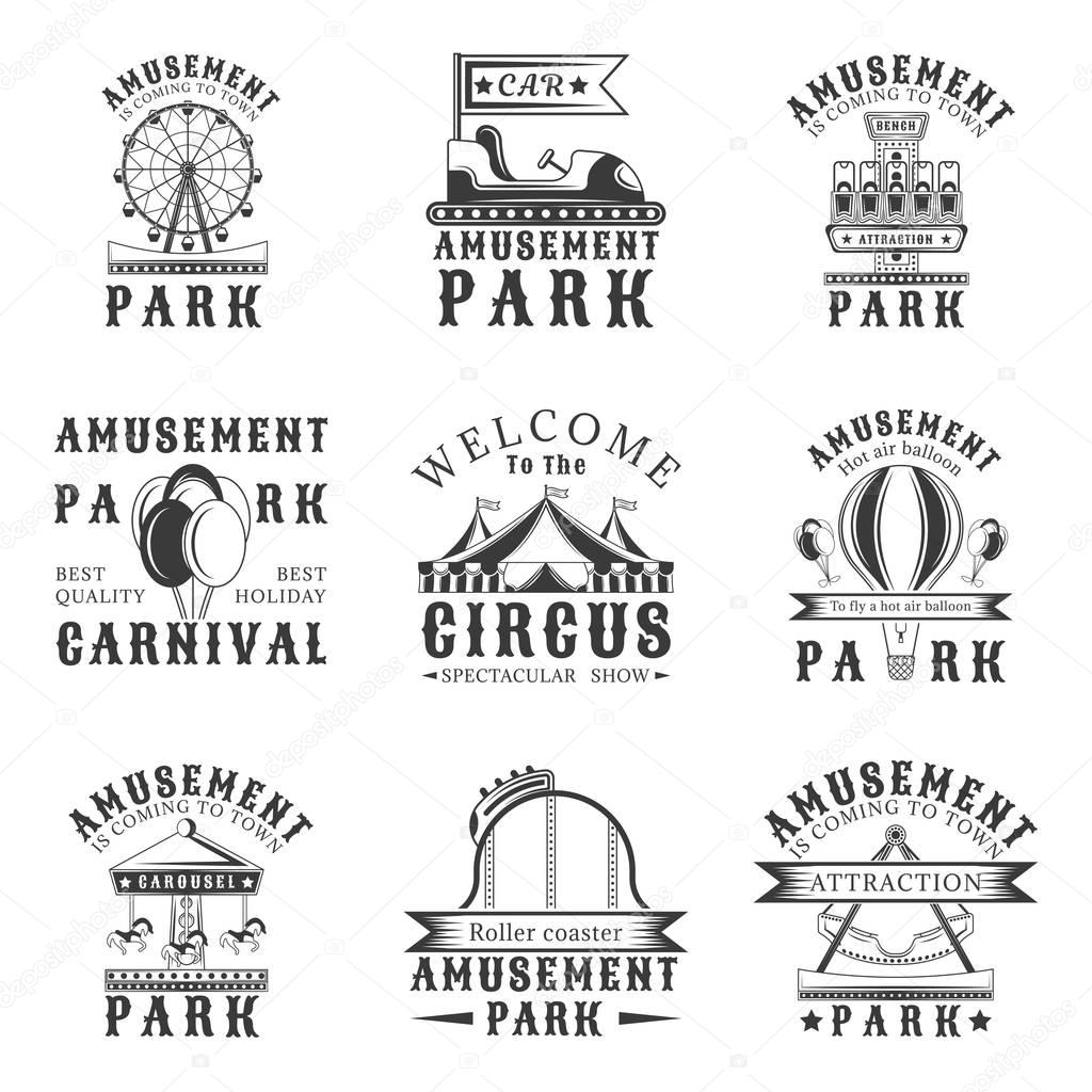 Amusement park set of vector vintage emblems, labels, badges and logos in monochrome style on white background. Amusement park, carnival, attraction design elements
