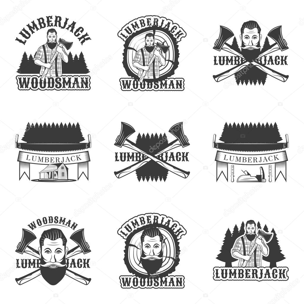Lumberjack set of vector vintage emblems, labels, badges and logos in monochrome style on white background. hipster