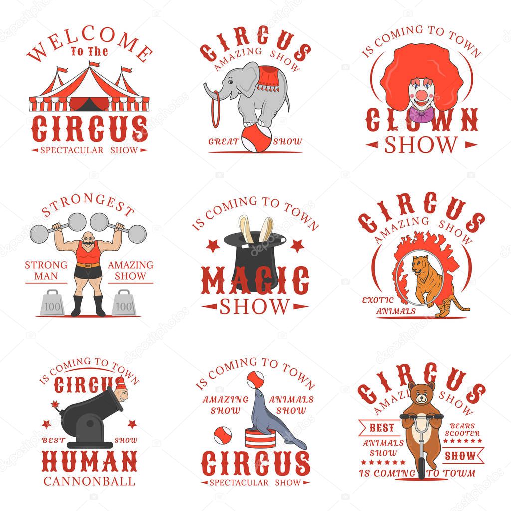 Set of circus logos, emblems, labels and badges. Set of vector templates. Amazing show, strong man, animals show, magic show, human cannonball,clown show design elements. colorful