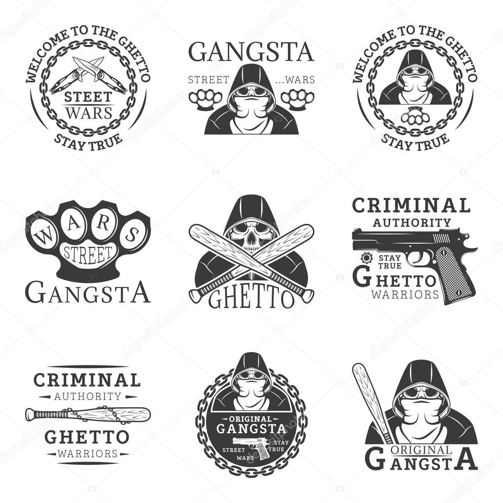 Gangster, ghetto, street wars emblems in monochrome style for your custom emblem, label, logo design isolated on white background