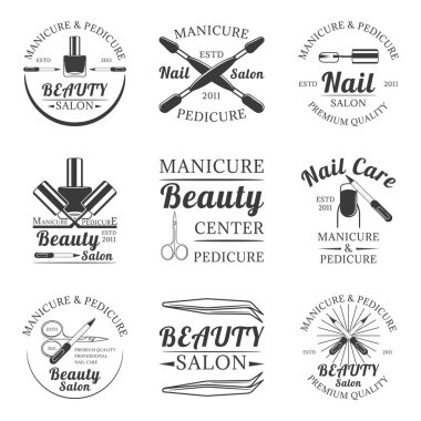 Manikür ve pedikür, güzellik salonuna set vektör vintage logoları
