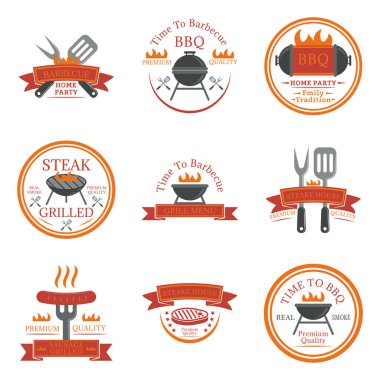 Barbekü logolar, amblemler, etiketleri ve rozetleri kümesi. Beyaz arka plan üzerinde izole vektör şablonları kümesi. Izgara menü, steak house, ev partisi, Aile geleneği tasarım öğeleri