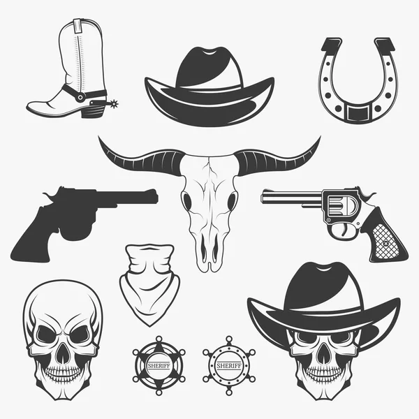 Sada divoký západ kovboj monochromatické ikony, návrhových prvků izolovaných na bílém pozadí. Divoký západ a rodeo symboly — Stockový vektor