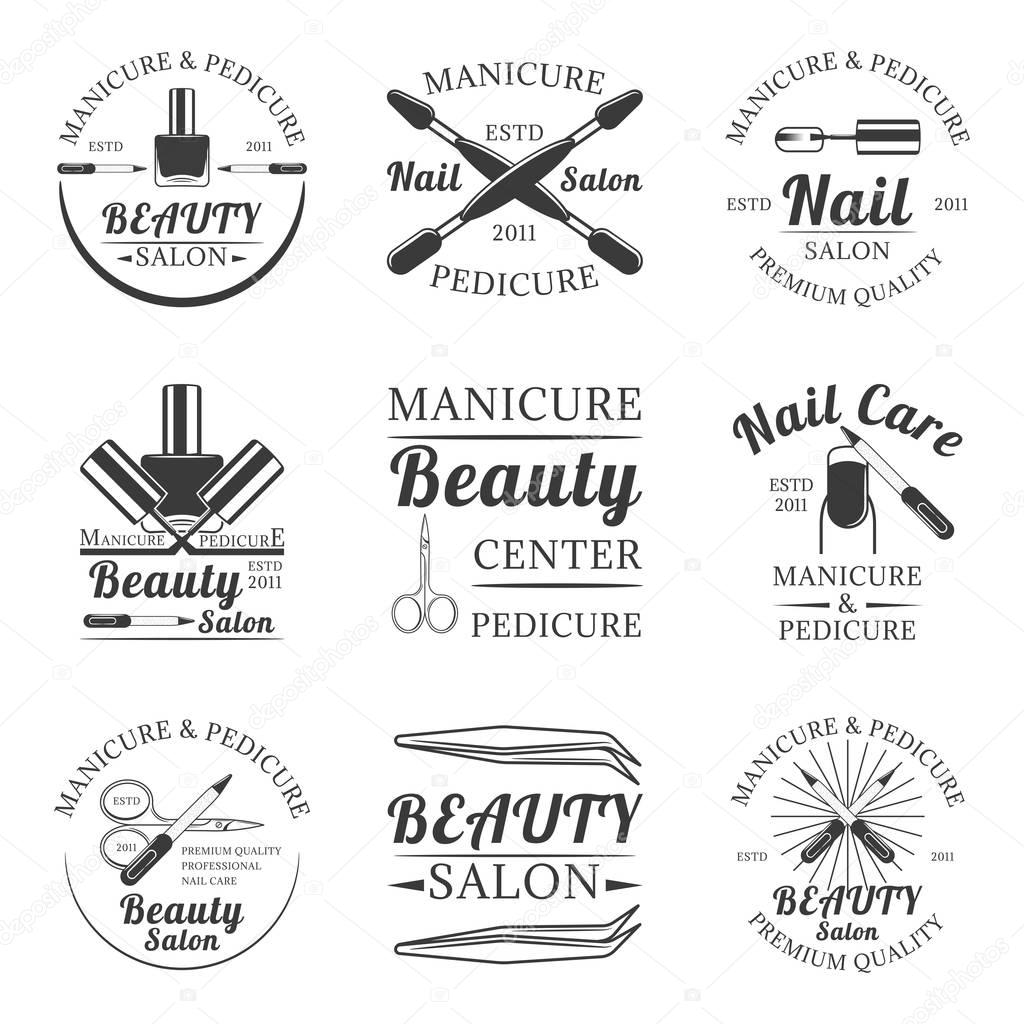 Manicure and pedicure, beauty salon, nail care set of vector vintage emblems, labels, badges and logos in monochrome style on white background
