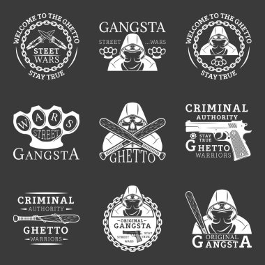 Gangster, getto, sokak savaşları Amblemler özel amblem, etiket, logo monokrom tarzda izole üzerinde beyaz arka plan Dizayn