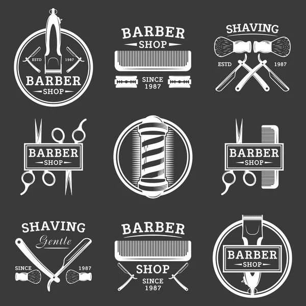 Barbearia conjunto de emblemas vetor vintage, rótulos, emblemas e logotipos em estilo monocromático sobre fundo branco — Vetor de Stock