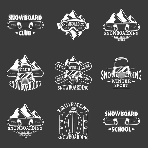 Dizi Snowboarding, aşırı spor, snowboard, snowboard kulübü, okul tek renkli vektör etiketleri, amblem ve logo beyaz arka plan üzerinde izole için donatım
