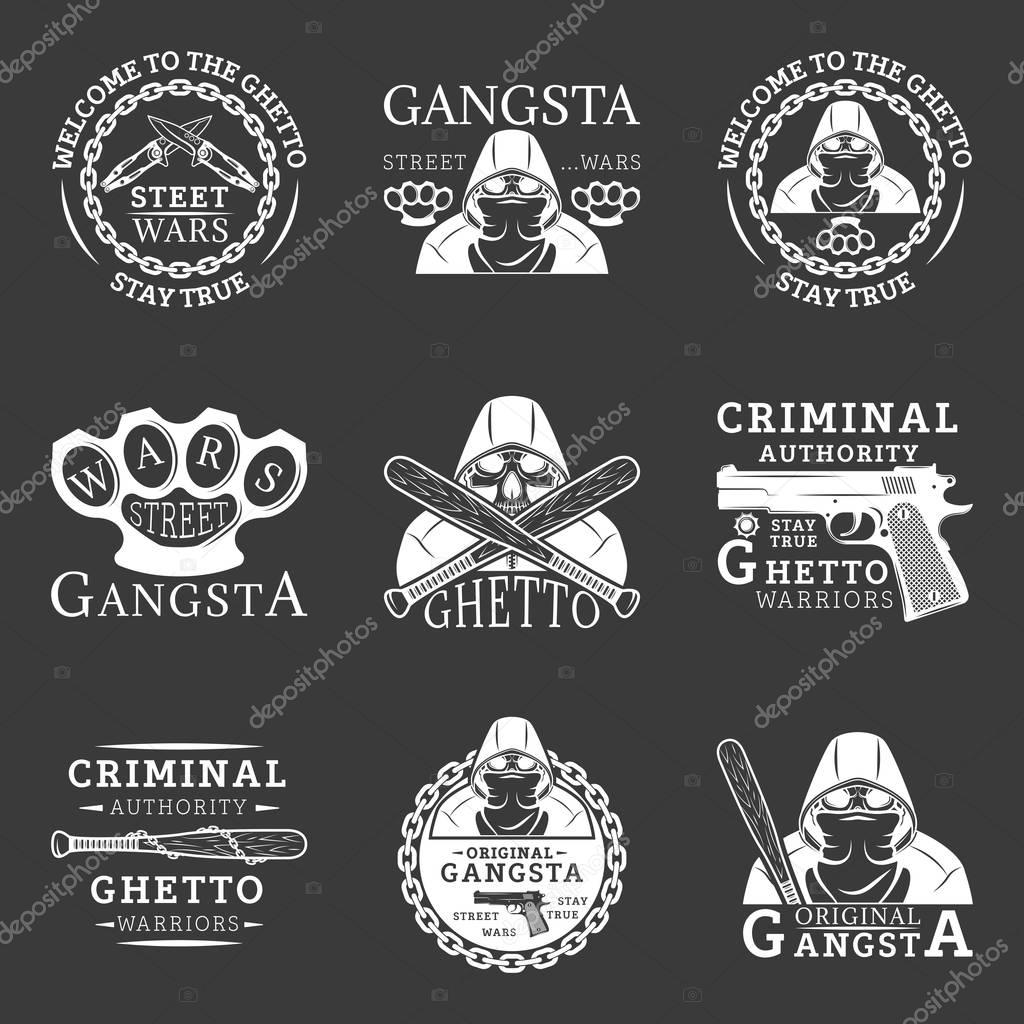 Gangster, ghetto, street wars emblems in monochrome style for your custom emblem, label, logo design isolated on white background