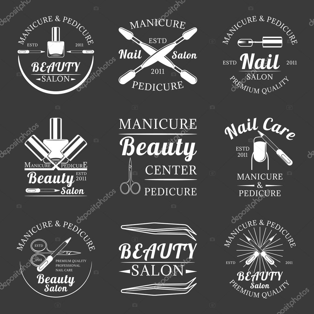 Set of manicure and pedicure, beauty salon, nail care salon monochrome vector labels, emblems and logos isolated on white background