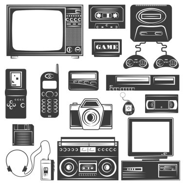90'lı yılların gadget kümesi tek renkli simgeler, beyaz arka plan üzerinde izole tasarım öğeleri