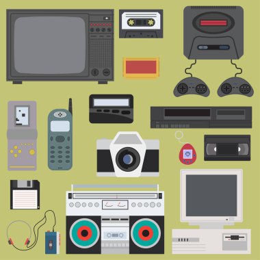 90'lı yılların gadget kümesi renk simgeleri, tasarım öğeleri. Düz retro tarzı.