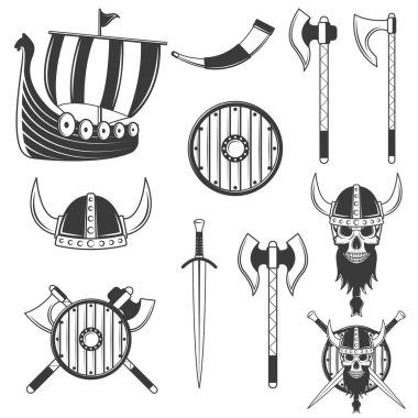 Beyaz arka plan üzerinde izole siyah viking öğeleri kümesi