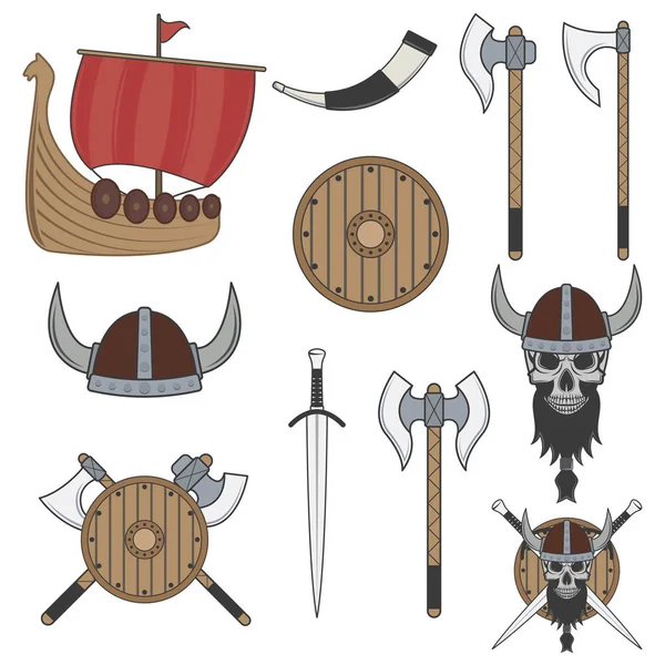 Conjunto de elementos viking de cor isolados no fundo branco —  Vetores de Stock