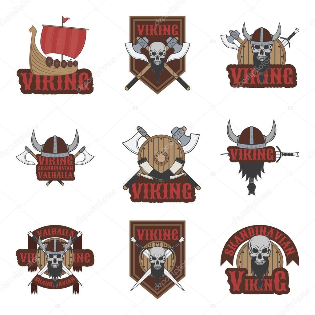 Football, baseball, lacrosse and hockey logos and labels. Sport club emblems with viking.