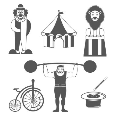 Sirk tek renkli simgeler kümesi. Tasarım öğeleri için logo, etiket, amblemi.