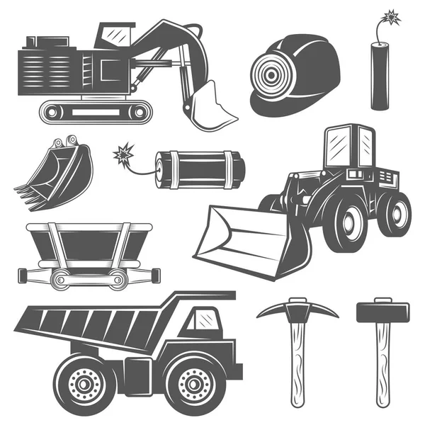 Set di icone Industria mineraria in stile monocromatico vintage con utensili e macchinari professionali — Vettoriale Stock