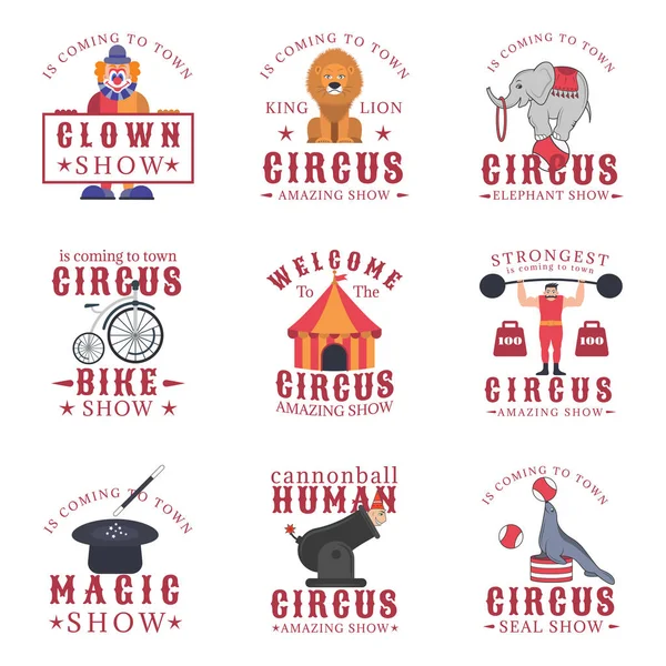 Conjunto de emblemas de circo, etiquetas, insignias y logotipos sobre fondo blanco . — Vector de stock