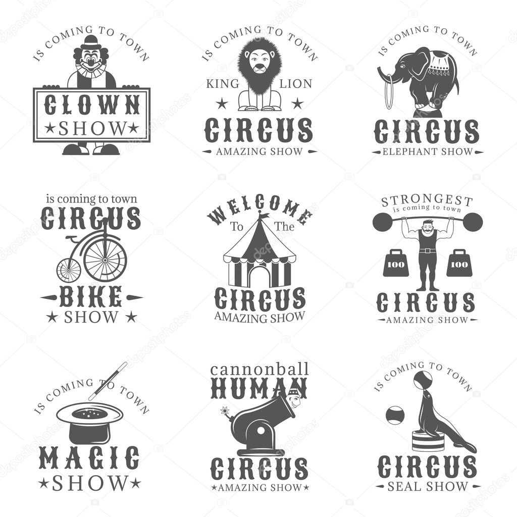 Set of circus vintage emblems, labels, badges and logos in monochrome style on white background. Amazing show, strong man, animals show, magic show, human cannonball,clown show design elements