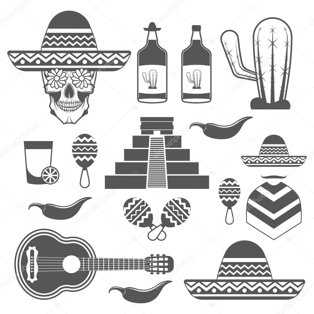 Set of vintage Mexico icons, design elements in monochrome style isolated on white background