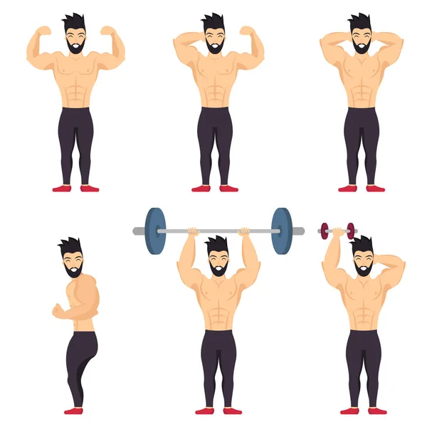 Positieve bodybuilder poseren pictogrammenset op witte achtergrond. Lichaam positieve mensen. — Stockvector