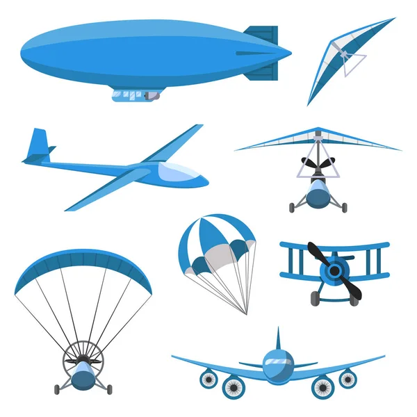 Ícones de aeronaves definido no fundo branco. Paraquedas, dirigível, asa-delta, avião, Trike, planador, Paraplano . — Vetor de Stock