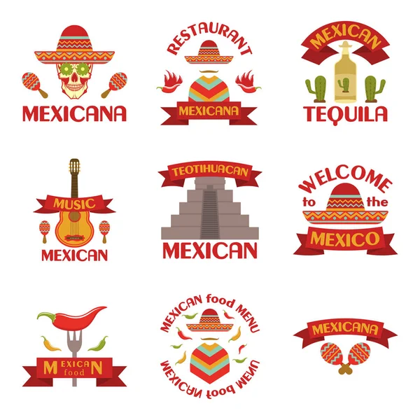 Conjunto mexicano de emblemas vectoriales, etiquetas, insignias y logotipos sobre fondo blanco . — Vector de stock