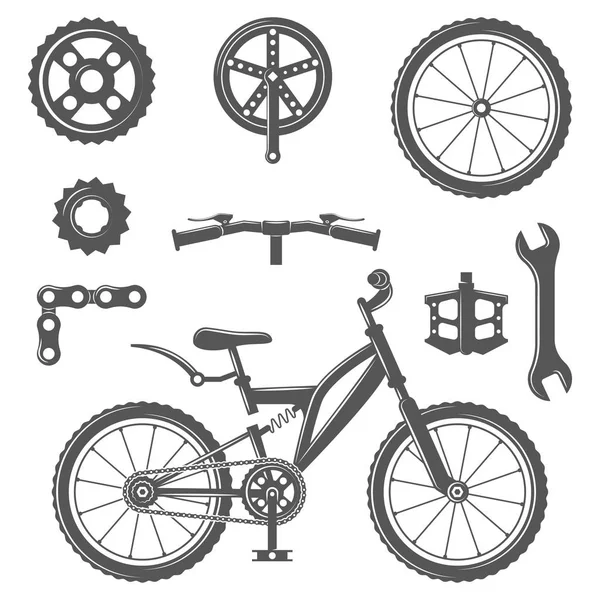 Conjunto de elementos vintage de bicicleta y equipamiento de bicicleta en estilo monocromo . — Vector de stock