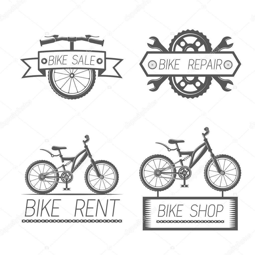 Set of vintage bike and bicycle equipment elements in monochrome style logos, emblems, labels and badges.