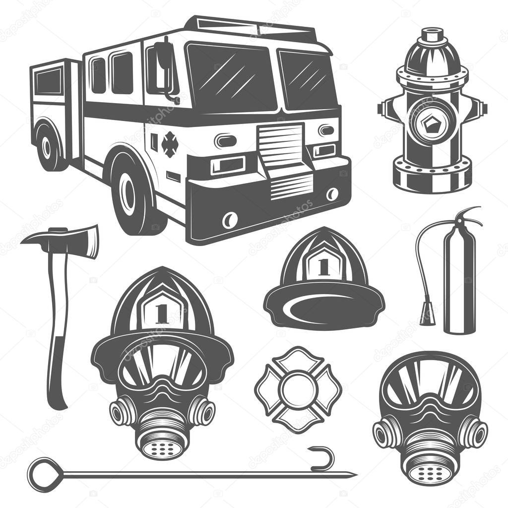 Set of vintage firefighter and fire equipment icons in monochrome style