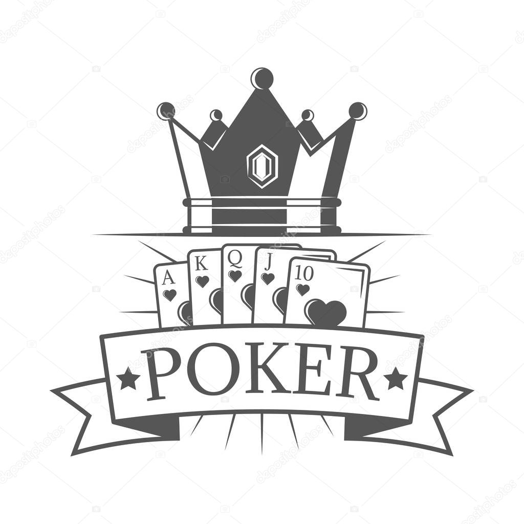 Poker of vector vintage emblem, label, badge and logo with crown and set cards in monochrome style on white background