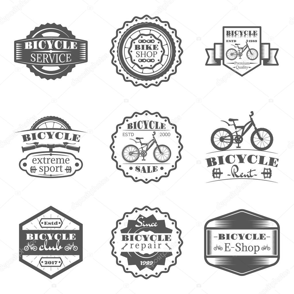 Set of bicycle shop, rent, service, sale, club, repair in monochrome style logos, emblems, labels and badges. Set of vector templates isolated on white background