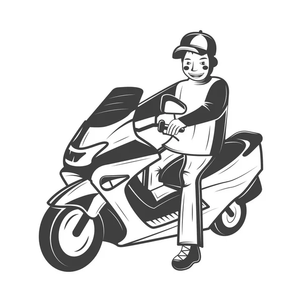 Niño en la ilustración vectorial scooter en estilo vintage monocromo . — Vector de stock