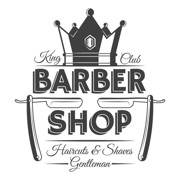 Corona y dos cuchillas de afeitar, la peluquería etiqueta vintage, insignia, o emblema — Vector de stock