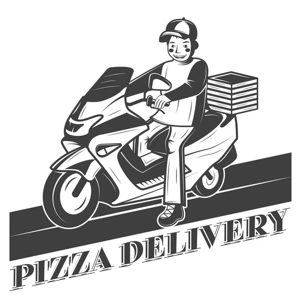 Niño en scooter, pizza entrega vector etiqueta vintage, insignia, o emblema — Vector de stock