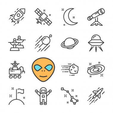 Vektör siyah çizgi boşluk Icons set. Kozmonot, roket, Ufo, uydu, Steroid.
