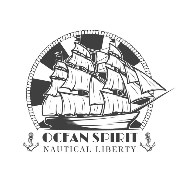Sailor naval vector vintage etiqueta, insignia, o emblema en estilo monocromo con barco y ancla — Vector de stock