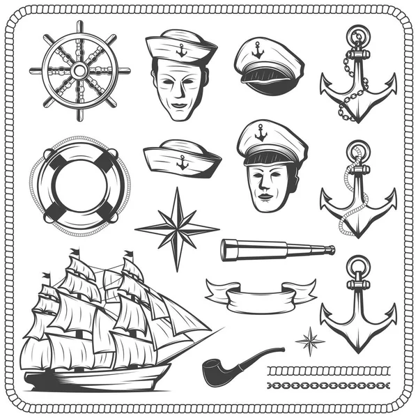 Icono naval marinero vintage engastado en ilustración de estilo monocromo — Vector de stock