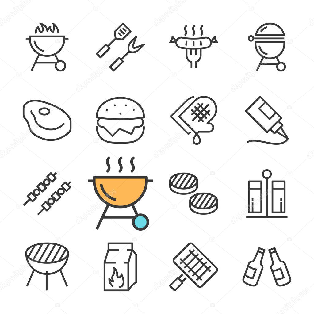 Vector black line Barbecue icons set. Includes such Icons as BBQ, Grill, Beer, Meat.