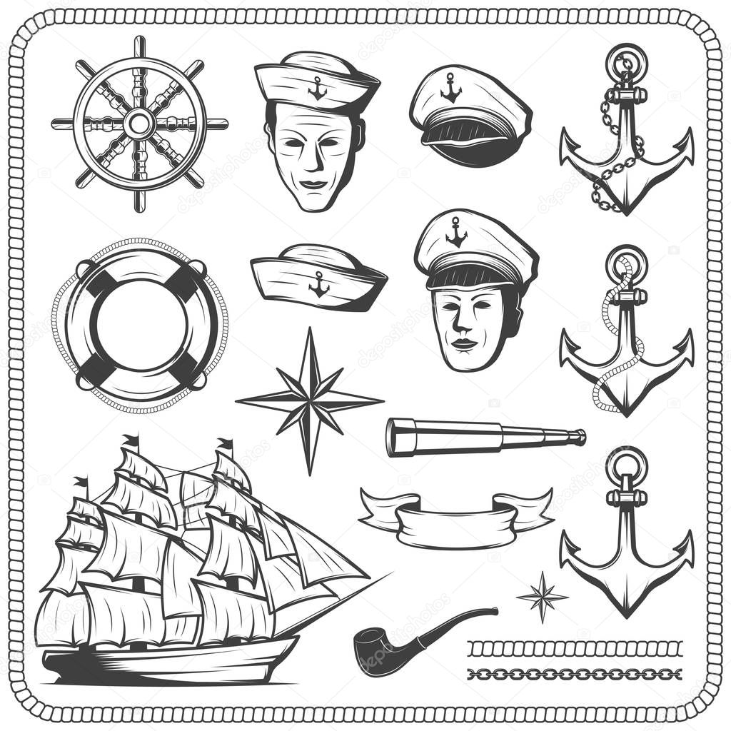 Vintage sailor naval icon set in monochrome style illustration