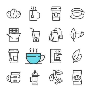 Vektör siyah çizgi kahve ve çay Icons set. Kahve, çay, çay poşeti, fasulye, parça olarak böyle simgeler içerir.