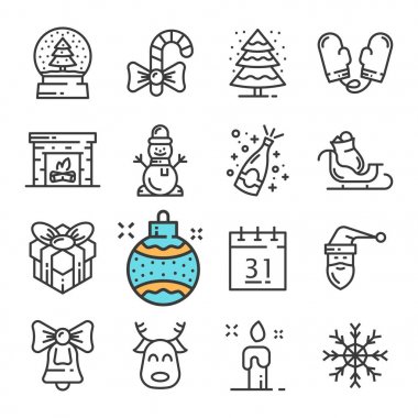 Vektör siyah çizgi Noel ve yeni yıl Icons set. Kardan adam, Mittens, kar, Hediyelik, şömine gibi simgeler içerir.