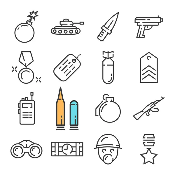 Conjunto de iconos militares de línea negra. Incluye iconos tales como tanque, cuchillo, bomba, soldado . — Vector de stock