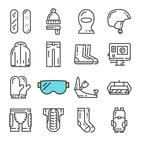 Vector black line Snowboarding icons set. Includes such Icons as Snowboard, Armor, Web Camera, Balaclava. — Stock Vector