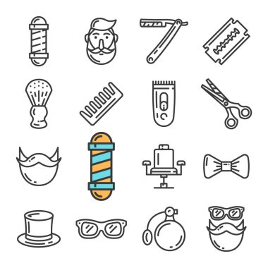 Vektör siyah çizgi kuaför dükkanı Icons set. Pole, sandalye, yenilikçi, jilet gibi simgeler içerir.